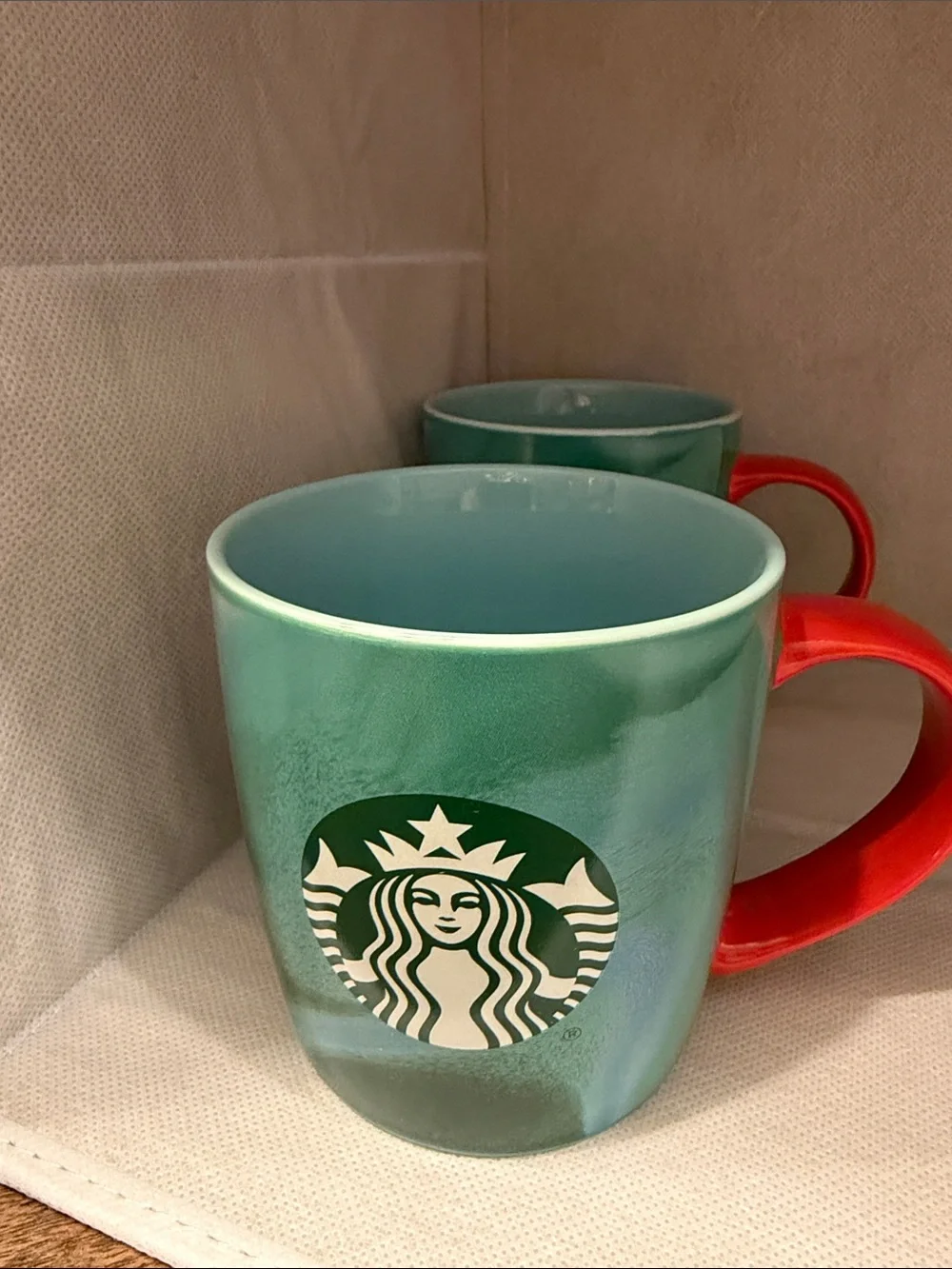 Starbucks Teal Ombre Ceramic Mugs with Red Accent Handle (Pair)